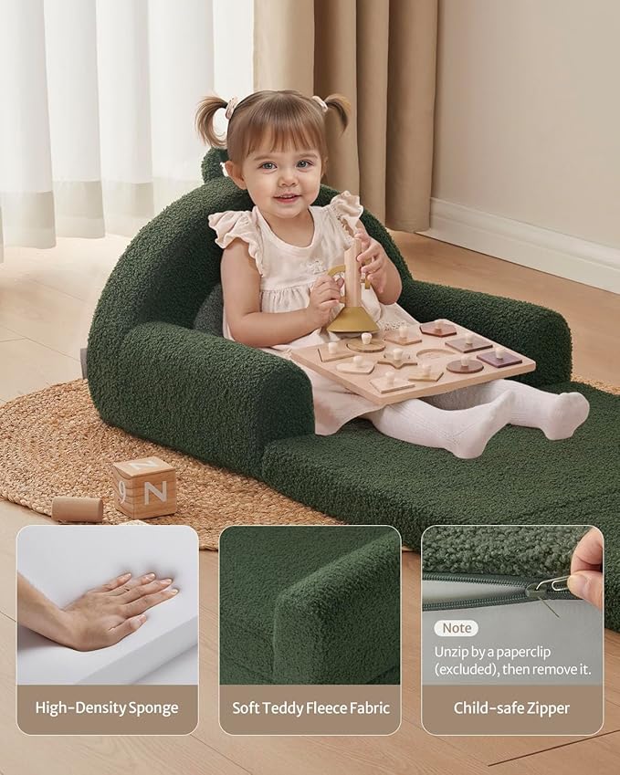 Blissful Diary Foldable Toddler Couch, 2-in-1 Comfy Toddler Chair & Lounger for Reading, Nap, Playroom, Kids Couch Sofa for 1 2 3+ Year Old Girls Boys Birthday Gift, Dark Green Arclet-NeatNest