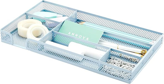 Annova Desk Drawer Organizer/Storage Tray - Metal Mesh with Dividers for Pens, Desktop Accessories, Bathroom, Kitchen, Makeup and Office Supplies (Small, Morandi Blue)-NeatNest