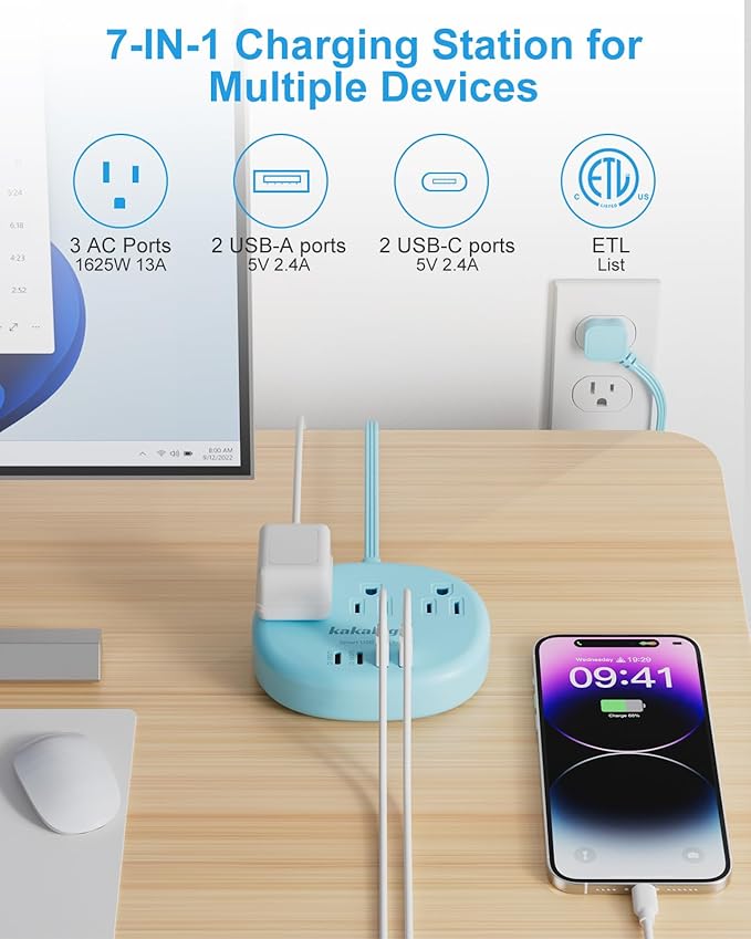 Blue Extension Cord with Surge Protected 1080J - 5 FT Flat Extension Cord, 1625W Cute Extension Cord with 3 AC Outlet 4 USB (24W/4.8A), Compact for Cute Blue Kawaii Desk Accessories-NeatNest
