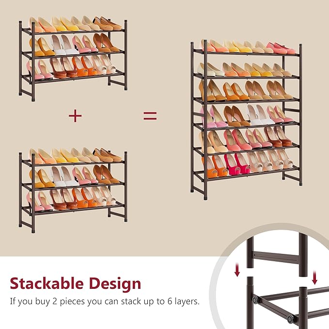 Tajsoon 3 Tier Expandable Shoe Rack for Closet, 28“-41“Adjustable & Stackable Shoe Shelf Storage, Metal Shoe Rack Organizer for Front Door Entrance, Closet, Garage, Entryway, Bronze-NeatNest