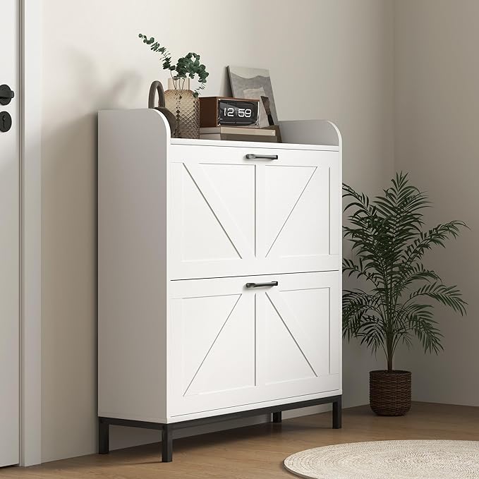 HOMCOM Shoe Storage Cabinet with 2 Flip Drawers, Legs, Farmhouse Freestanding Narrow Shoe Cabinet, Slim Hidden Rack Organizer for Entryway, Hallway, White Wood Grain-NeatNest