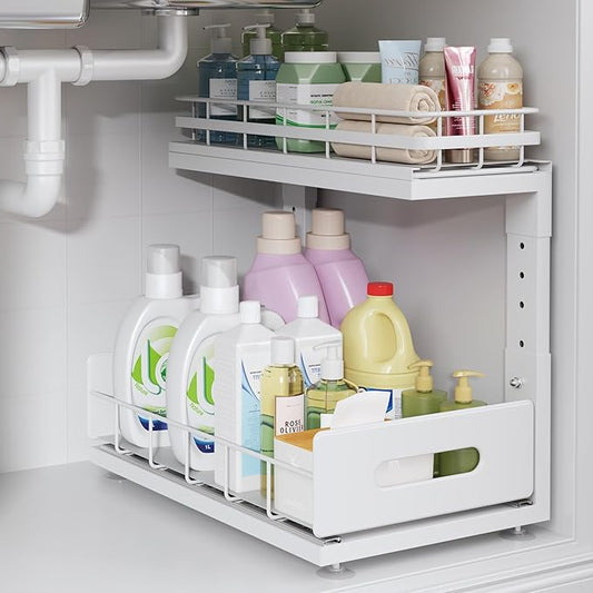 1 Pack Under Sink Organizer Upgrade To Professional Rails,2-Tier Dual Pull Out Cabinet Storage,Height Adjustable Slide Out Drawers For Bathroom Kitchen,Under Sink Shelf-White-NeatNest