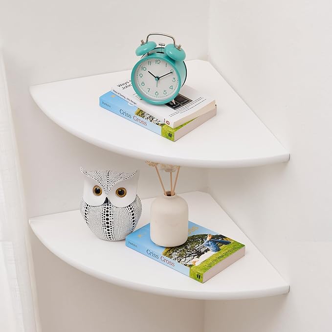 Corner Wall Shelves, White Floating Corner Shelf, Set of 2 16inch Solid Oak Wood Shelves, Round End Wall Mount Display Shelf with Wire Hole for Small Plant for Bedroom Kitchen, Living Room-NeatNest
