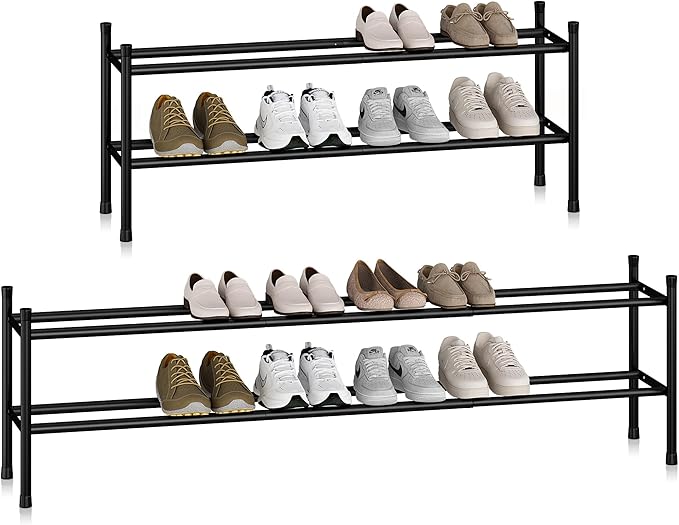 STORAGE MANIAC Long Expandable Shoe Rack, 12 Pairs Metal Wide Stackable Shoe Rack, Adjustable Shoes Shelf, Freestanding Shoes Organizer for Closet, Entryway, Hallway, Garage, Front Door, 2 Tiers-NeatNest