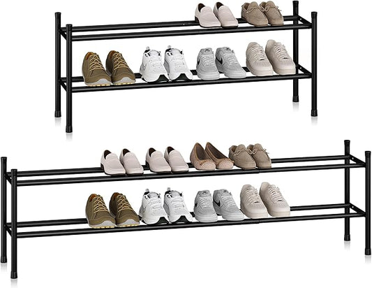 STORAGE MANIAC Long Expandable Shoe Rack, 12 Pairs Metal Wide Stackable Shoe Rack, Adjustable Shoes Shelf, Freestanding Shoes Organizer for Closet, Entryway, Hallway, Garage, Front Door, 2 Tiers-NeatNest