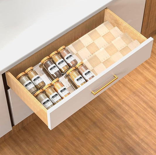 2-Tier Non-Slip Spice Drawer Organizer, 2-Pack Checkered Frosted Clear Acrylic, Expandable (11''-22'') Spice Rack for Kitchen Drawer Storage – Holds Seasonings, Herbs, and Spices (Jars Not Included)-NeatNest