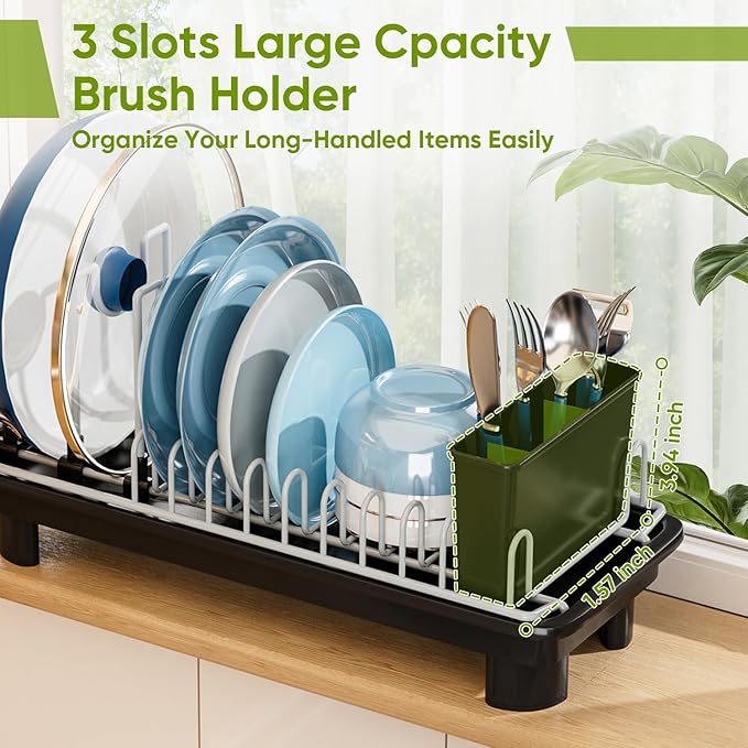 VUSIGN Dish Drying Rack with Drainboard, Dish Rack, Dish Drainers for Kitchen Counter Extendable Spout Strainers with Removable Utensil Holder, Adjustable Pot Rack, Black