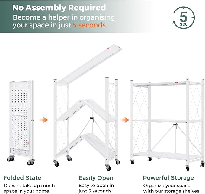 DEANIC 3 Tier Foldable Storage Shelves with Wheels, Large Capacity Shelving Unit, Freestanding Metal Wire Shelf Rack, No Assembly Organizer Rack for Garage Kitchen, Basement, Pantry(White Pack of 2)-NeatNest