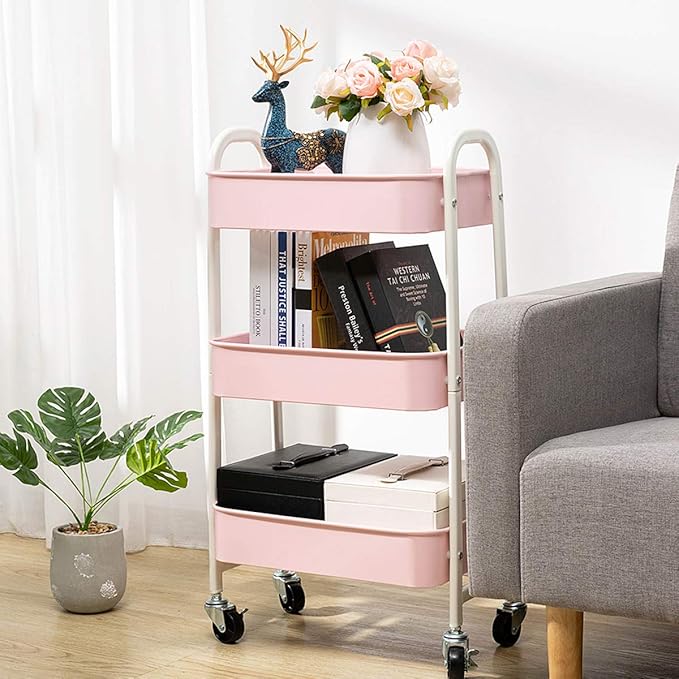 AGTEK Makeup Cart, Movable Rolling Organizer Cart, 3 Tier Metal Utility Cart, White - Pink-NeatNest