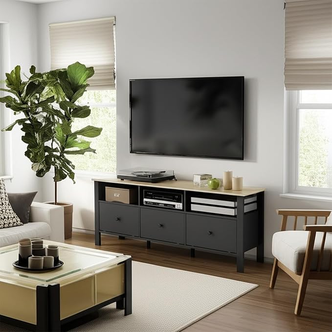 Black TV Stand, Entertainment Center for TVs Up to 55"/60"/65", Modern Media Console with 3 Cabinets for Living Room-NeatNest