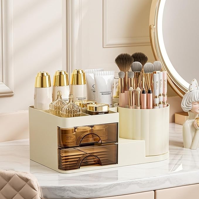 Makeup Organizer for Vanity with 2 Drawers,Countertop Rotating Makeup Brush Holder,Bathroom Organizer Holder,Cosmetic Display Case for Lipstick,Beauty,Skincare Organizer (Cream)-NeatNest