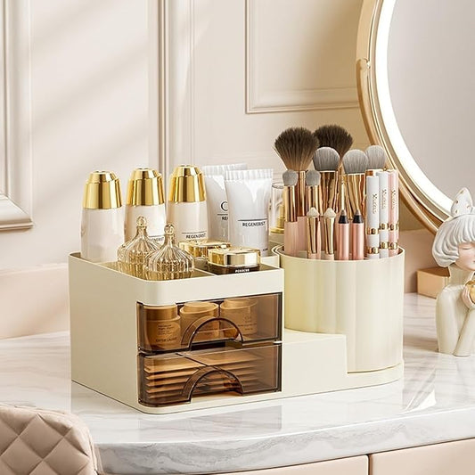 Makeup Organizer for Vanity with 2 Drawers,Countertop Rotating Makeup Brush Holder,Bathroom Organizer Holder,Cosmetic Display Case for Lipstick,Beauty,Skincare Organizer (Cream)-NeatNest