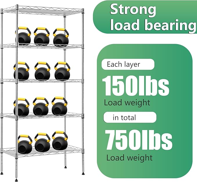 BestOffice Garage Shelving 5 Tier Metal Storage Shelves 750lbs Weight Capacity Heavy Duty Wire Shelving NSF Certified Utility Shelves with Leveling Feet for Garage Home Office, Chrome-NeatNest
