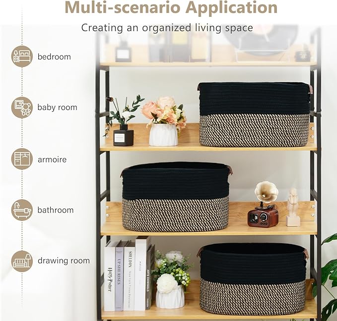 Cotton Rope Basket , Storage Baskets with Handle, 15x10x9 Inch Woven Basket for Shelves, Laundry, Towels, Clothes, Books, Toys (Black Brown 2 Pack)-NeatNest