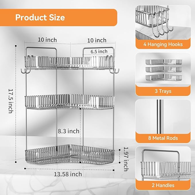 Makeup Organizer for Vanity 3-Tier Corner Bathroom Organizer Countertop with Hooks Bathroom Countertop Perfume Organizer Corner Bathroom Counter Corner Storage-Gray-NeatNest