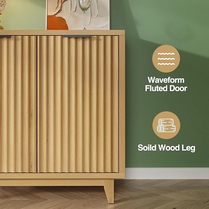 Fluted Coffee Bar Cabinet with Storage, Modern Sideboard Buffet Cabinet with Removable Wine Rack, Drawer, Adjustable Shelf, Natural Liquor Cabinets for Living Room, Dining Room, Kitchen, Entryway