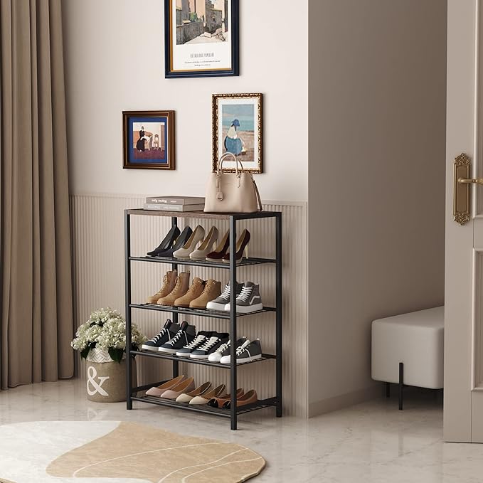 HOMEFORT 5-Tier Shoe Rack, Shoe Storage Shelf with MDF Top Board, Shoe Rack Organizer, Each Tier Fits 3 Pairs, Entryway Shoe Stand with Sturdy Shelves, Rustic Brown-NeatNest