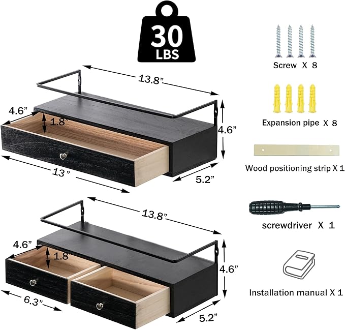 Floating Shelves for Wall Storage, Wall Mounted Bathroom Shelf with Drawers Set of 2, Rustic Wood Wall Shelves for Bedroom, Living Room, Kitchen, Home Decor, Plants, Books (Black)-NeatNest