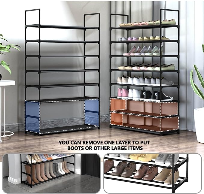8 Tiers Shoe Rack Organizer, Stackable & Adjustable Non-Woven Fabric Shoe Shelf Storage Cabinet, Holds up to 32 Pairs for Entryway, Closet, Black-NeatNest