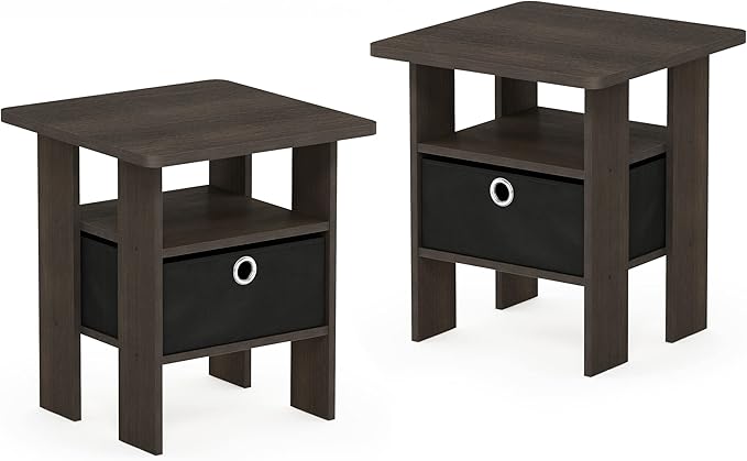 Furinno Andrey Set of 2 End Table / Side Table / Night Stand / Bedside Table with Bin Drawer, Dark Brown/Black