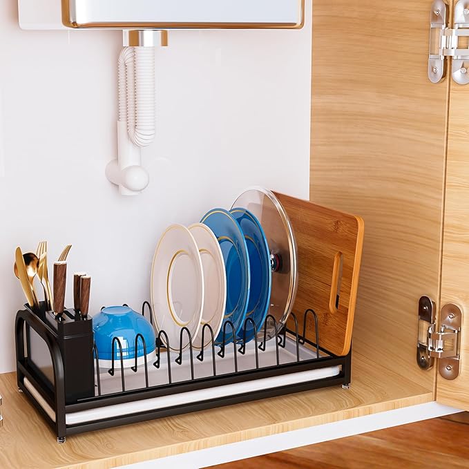 Dish Drying Rack Small for Kitchen Counter, 304 Stainless Steel Kitchen Organizer Rack w Cutlery Holder, Dish Drainer for Pots & Pans, Cutting Boards, Plates, Serving Trays & Lids (Black)