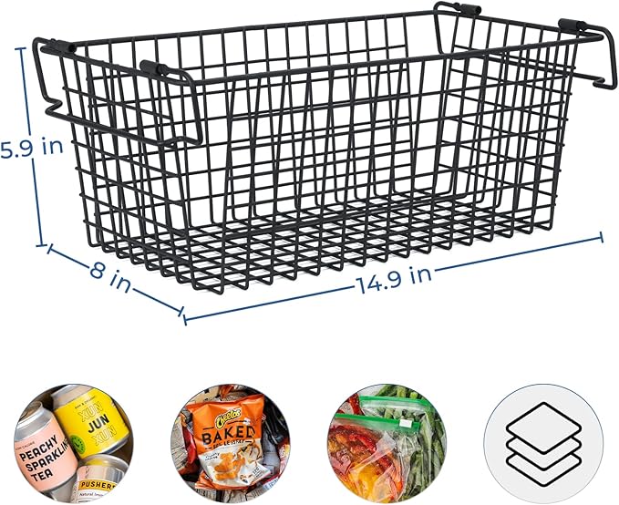 17.5" Freezer Organizer Bins, Stackable Freezer Baskets for Chest Freezer Pantry Organization and Storage Baskets-Black