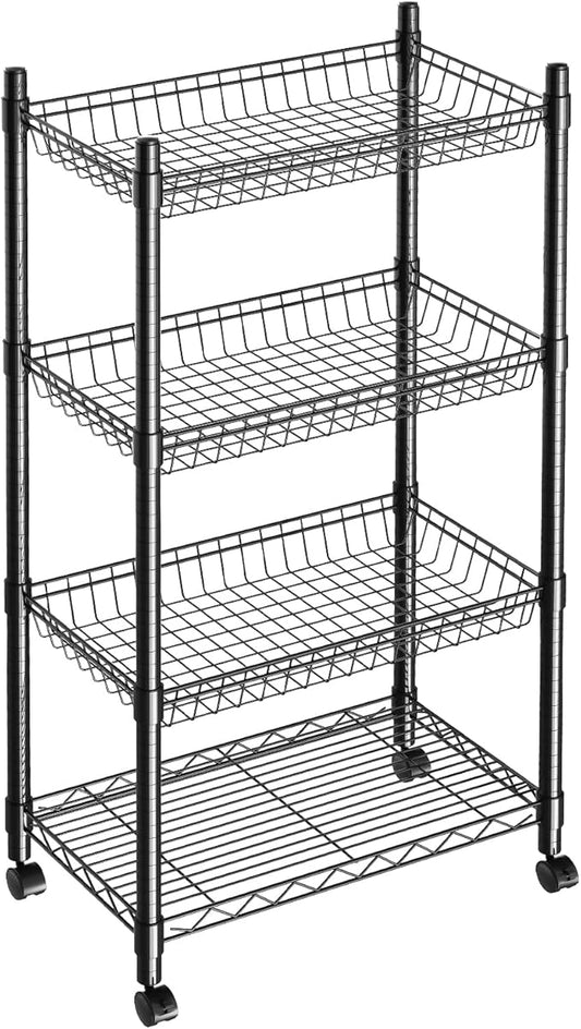 4 Tier Wire Shelving Wire Basket Shelf Storage Cart Adjustable Metal Shelf 2 Bottoms for Choose(Castor or Leveling Feet) for Office,Kitchen,Bedroom,Black(23.23" L x 13.11" W x 49.21" H)