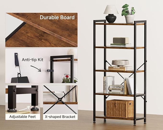 Casaottima Book Shelf, 5 Tier Bookshelf, Modern Wood Bookcase Shelves for Bedroom, Industrial Display Shelf for Living Room Home Office Kitchen, Standing Shelving Unit Storage Organizer, Vintage-NeatNest