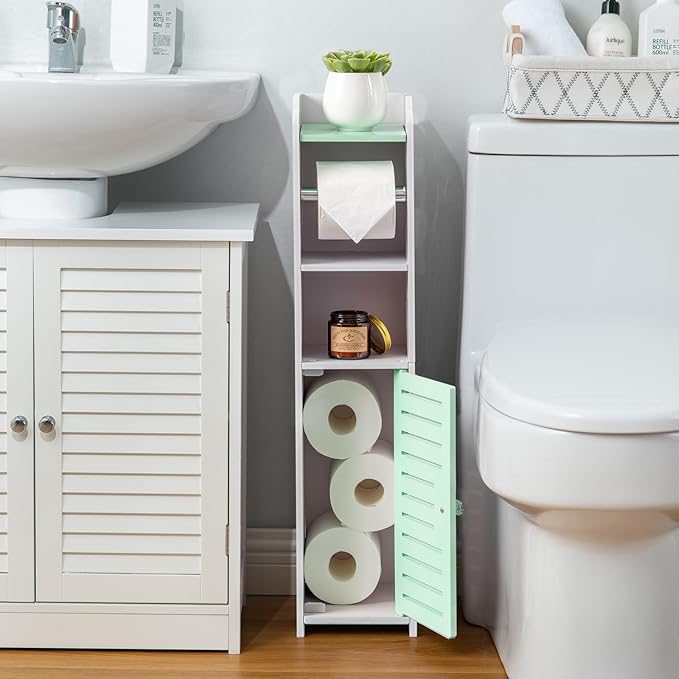 AOJEZOR Toilet Paper Holder Stand: Small Bathroom Storage Cabinet - Mint Green - White-NeatNest