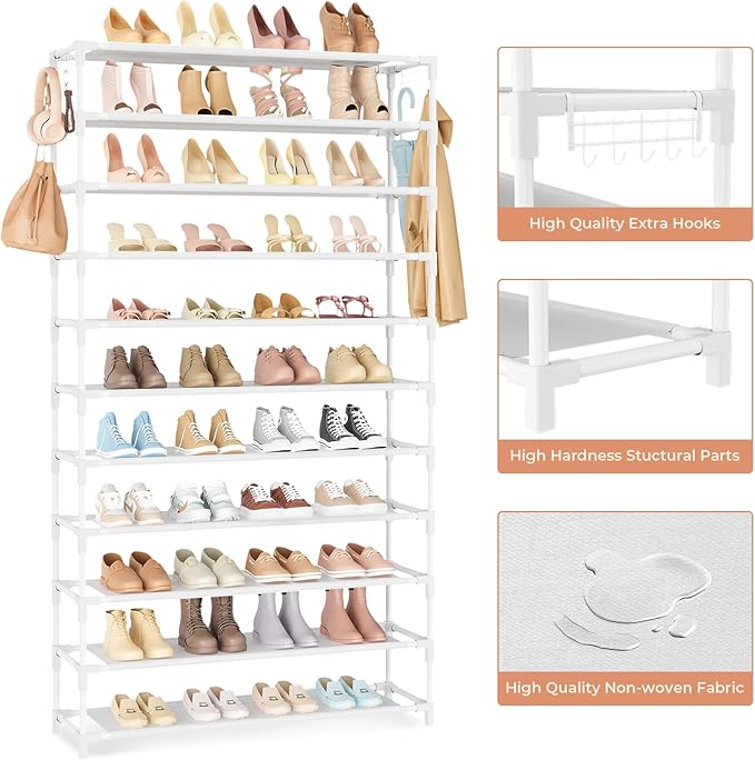 11 Tiers Tall Wide Shoe Rack 55 Pairs Large Capacity Sturdy Durable Shoe Rack for Closet Metal Shoe Organizer Shelf with Two Hooks Space Saving for Entryway White-NeatNest