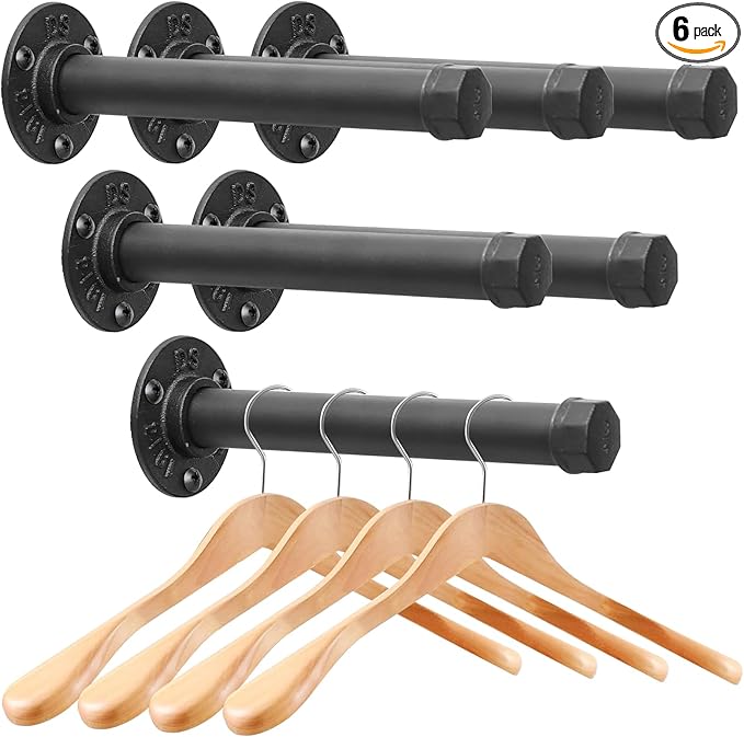 Cast Iron Wall Mounted Clothes Rack, Heavy Duty Industrial Pipe Clothing Rack for Hanging Clothes, Garment Racks for Wardrobe Organizers and Storage, DIY Closet Rods Closet Bar (Black 6 Pack, 8 in)-NeatNest