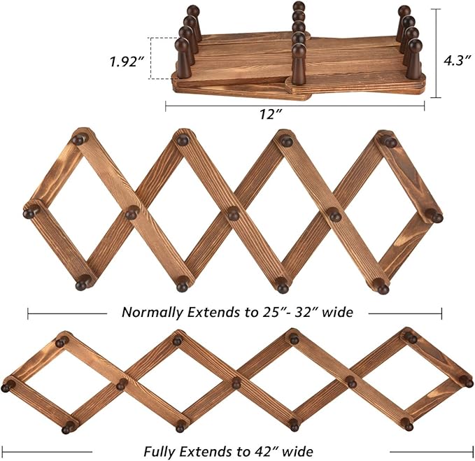 Homode Vintage Wood Expandable Peg Rack- Multi-Purpose Accordion Wall Hangers with 13 Hooks for Hats, Coat, Mugs, Scarf, Jewelry Storage-NeatNest
