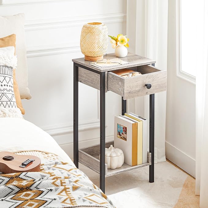 HOOBRO Tall End Table, Nightstand, Industrial Side Table with Drawer and Storage Shelf, for Study, Bedroom, Space Saving, Greige and Black BG71BZ01