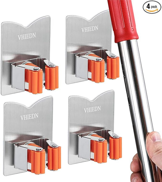 Broom and Mop Holder Wall Mounted, Stainless Steel Self Adhesive Single Broom Hanger Hook, Heavy Duty Organizer Rack, V-Shape Orange, 4 Pack