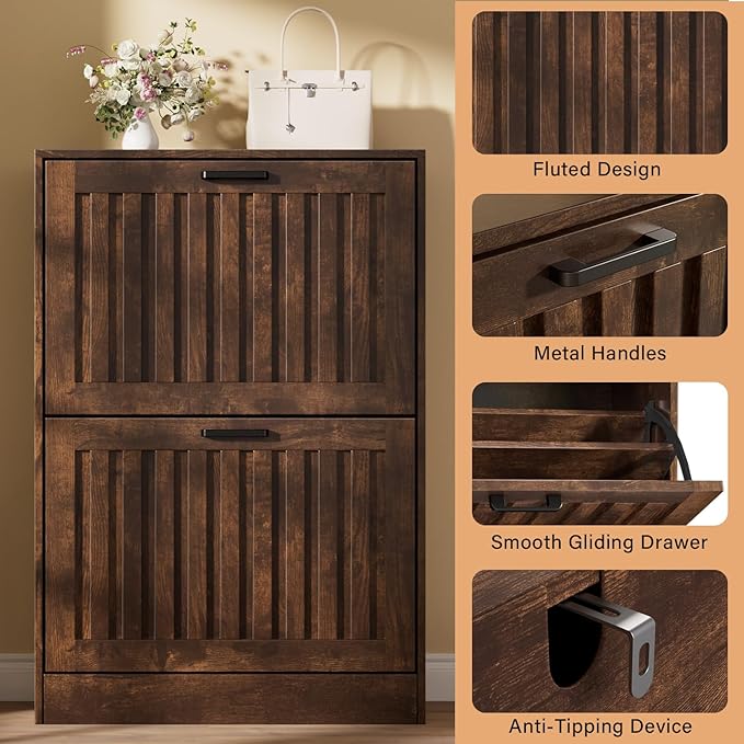 Shoe Storage Cabinet for Entryway with 2 Flip Drawers, Wooden Shoe Organizer with Adjustable Shelf, Freestanding Wood Fluted Panel Shoes Cabinet Closed Shoe Rack for Hallway, Foyer, Walnut-NeatNest
