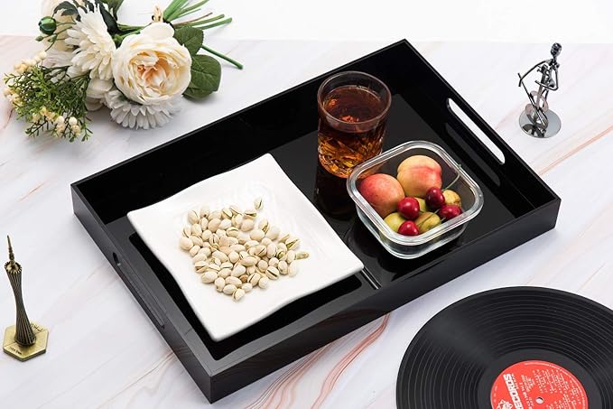 Glossy Black Sturdy Acrylic Serving Tray with Handles-12x16Inch-Serving Coffee,Appetizer,Breakfast,Butler-Kitchen Countertop Tray-Makeup Drawer Organizer-Vanity Table,Ottoman Trays-DecorativeTray-NeatNest