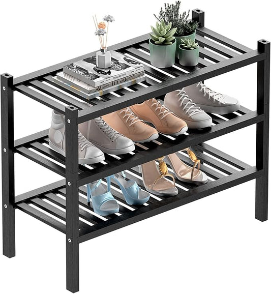 3 Tier (Thick) Bamboo Shoe Rack for Entryway, Small Wood Shoe Shelf Storage Organizer for Closet, Shoe Stand for Hallway, Stackable and Sturdy 27"x12"x21" Black-NeatNest