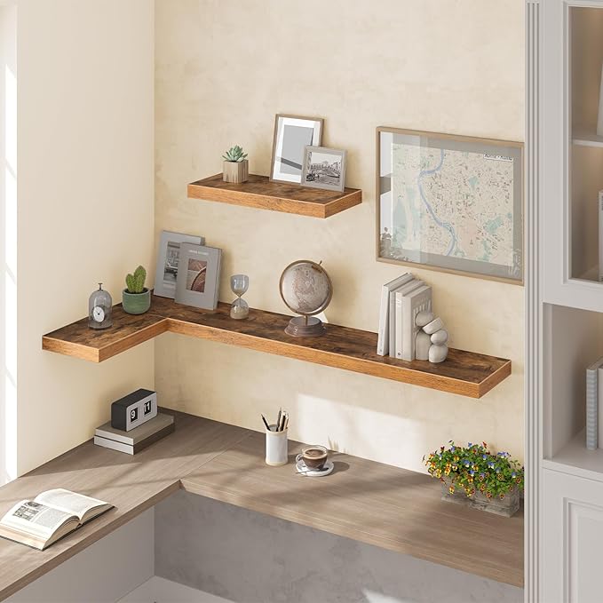 HOOBRO Floating Shelves for Wall, Wall Mounted Shelf Set of 2, 55" Hanging Shelf with Invisible Brackets, for Wall in Bathroom, Bedroom, Toilet, Kitchen, Living Room, Office, Rustic Brown BF140BJP201-NeatNest