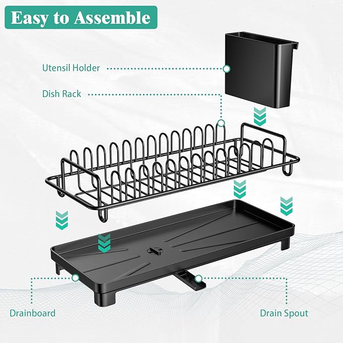 Giwil Small Dish Drying Rack, Compact Dish Rack with Drainboard for Kitchen Counter, Multifunctional Rustproof Dish Drainer Plate Organizer Used Over Sink & on Countertop, Black