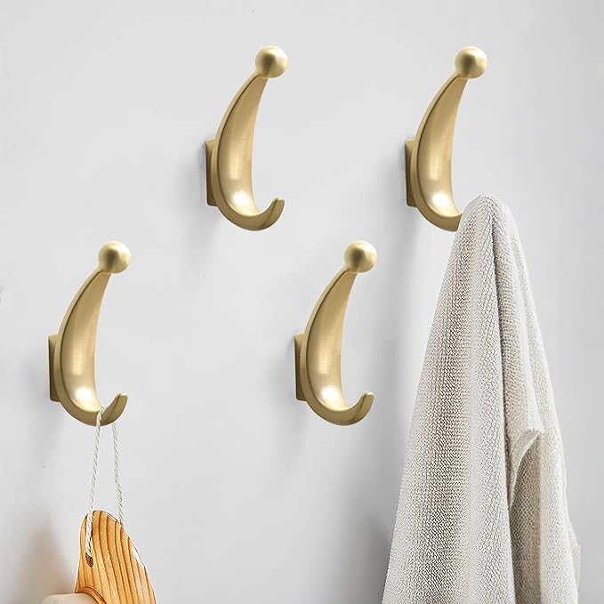 2 Pack Bathroom Towel Hooks, Screw in Metal Robe & Coat Hooks for Wall(Brushed Gold)