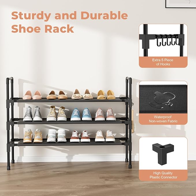 3 Tier Shoe Rack, Shoe Organizer Storage for 16-20 Pair Boot and Sneaker, Stackable Free Standing Shoe Shelf with Hooks and Side Pocket, Space Saving Shoes Rack for Closet, Entryway-NeatNest