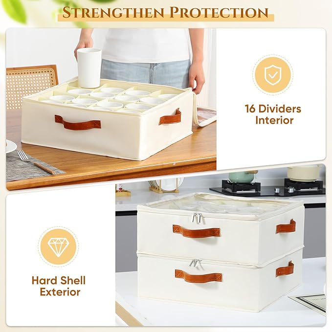 2 Pack Cup and Mug Storage Box with Dividers and Hard Shell, Stackable Coffee Cup Storage Organizer with Lid, Zipper, and Handles for Coffee Mugs, Cups, Glasses, Stemware Storage Containers for Moving-NeatNest