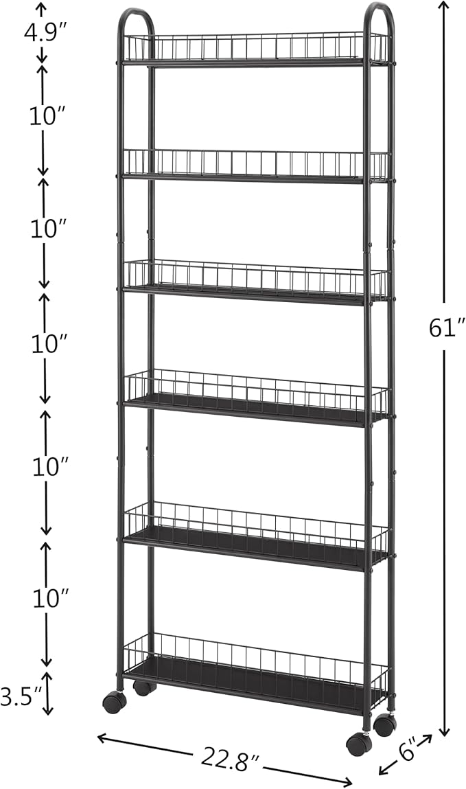 6-Tier Storage Cart Wire Slim Shelving Shelf with Wheels for Small Spaces, Rolling Tall Organizer Storage for Bathroom, Kitchen, Home, Garage, Bedroom, Closet (Black, 6" D)