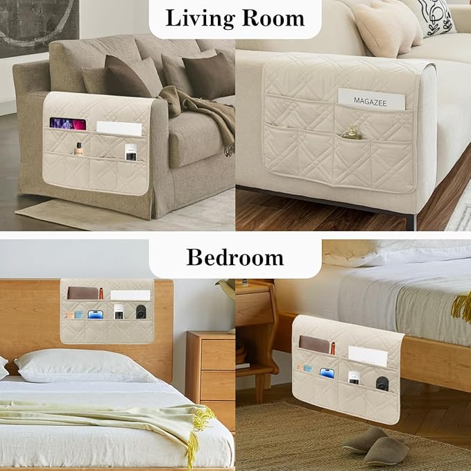 Couch Armrest Organizer Remote Control Holder Bedside Caddy with 6 Pockets, Non-Slip Armchair Caddy Sofa Armrest Organizer for Tv Remote Control, Magazine, Cell Phone, Beige-NeatNest