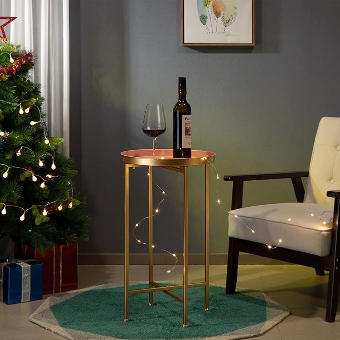 HollyHOME Small Round Metal End Table, Accent Indoor&Outdoor Coffee Side Table, Snack Sofa Table for Living Room, Anti-Rust Decorative Plant Stand, (D) 14.5" x(H) 25", Gold&Pink-NeatNest
