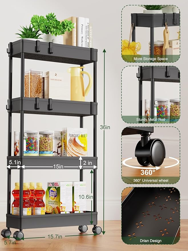 LEHOM 5.1" Slim Storage Cart - 4 Tiers Bathroom Organizer Mobile Shelving Unit Storage Rolling Utility Cart Slide Out Organizer for Kitchen Bathroom Laundry Narrow Places
