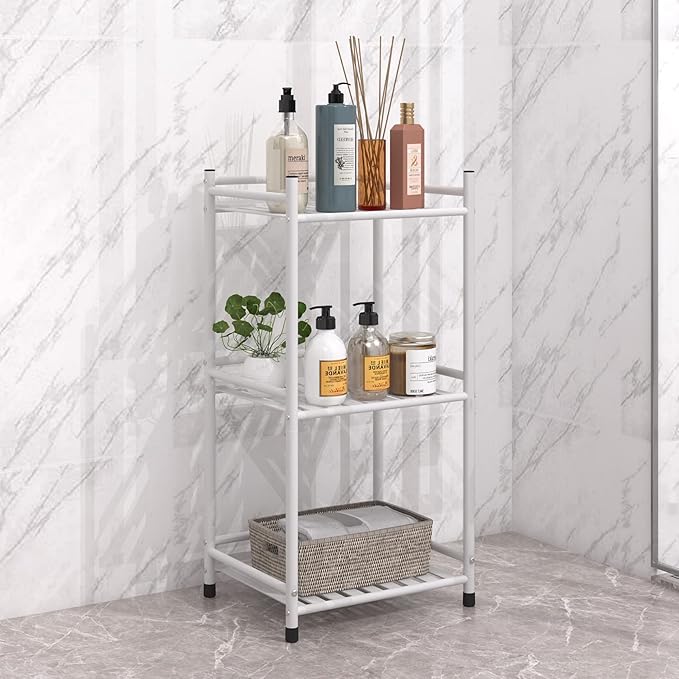 3 Tier Bathroom Storage Open Shelf Unit, Free-Standing Metal Corner Rack Shelving for Kitchen, Living Room, Hallway (Matte White, 3 Tier)-NeatNest