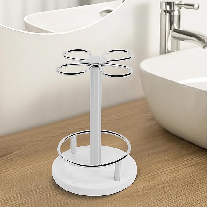HarJue Toothbrush Holder Stand for Bathroom, Metal Toothbrush Organizer with Marble Base, Toothbrush Storage Collection for Family, Suitable for Home Hotel Countertop Vanity (Small, Chrome Finish)
