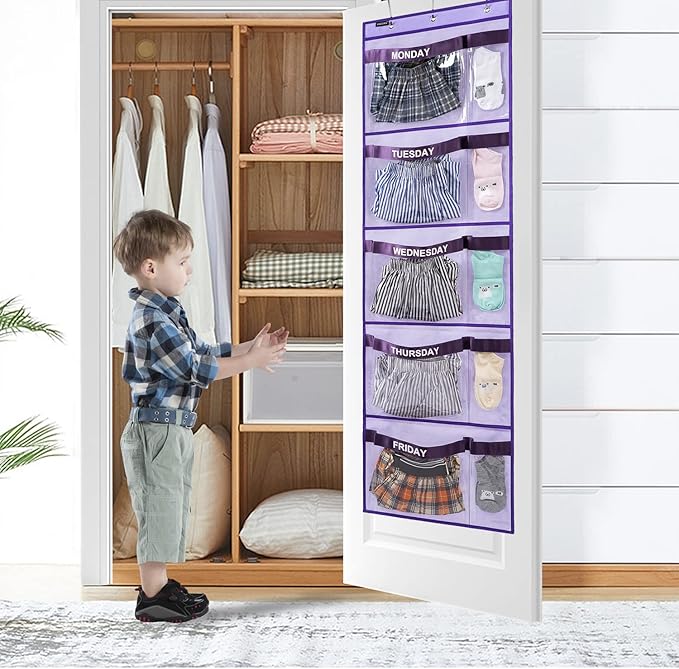 Weekly Kids Clothes Organizer Day of Week School Clothing Storage Monday to Friday Hanging Closet Organizer (Purple)-NeatNest