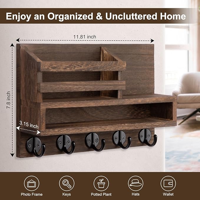 Key and Mail Holder Wall Mount, Key Hanger with Long Storage Box and 5 Hooks for Coat, Dog Leash, Home Decor Rack, House Accessories, Entry Way Organizer 11.8”W x 7.8”H x 3.2”D